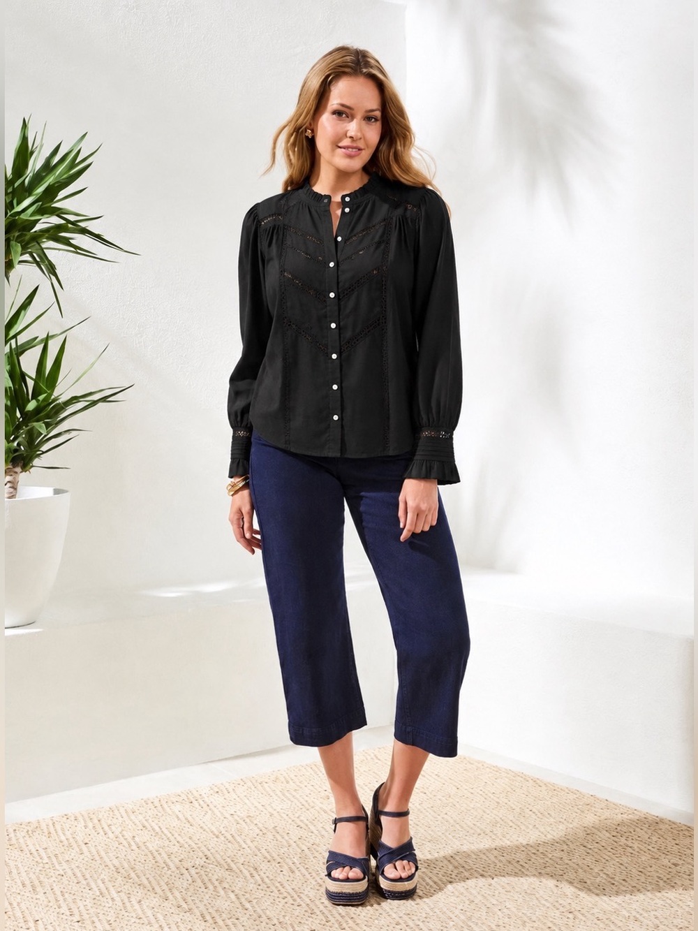 Sundance Madelaine Lace Ruffle Button Down Blouse Black Women Size XXL